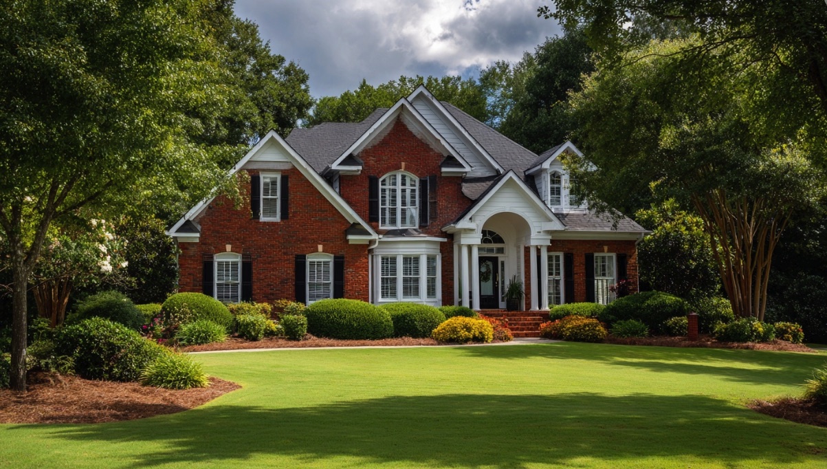 A brick home with a manicured lawn, trimmed shrubs, and mulched planting beds